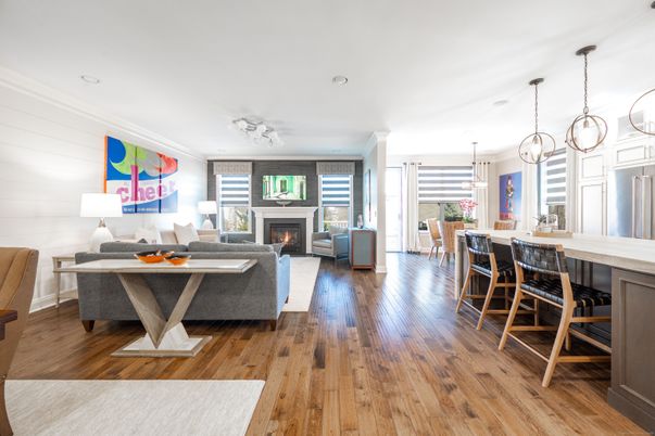 Chandelier, Dining room, Fireplace, Interior, Kitchen, Living room, Pendant Lights, Recessed Lighting, Wood Texture Flooring