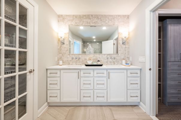 Bathroom, Dual Sink Vanities, Interior, Recessed Lighting, Wood Texture Flooring