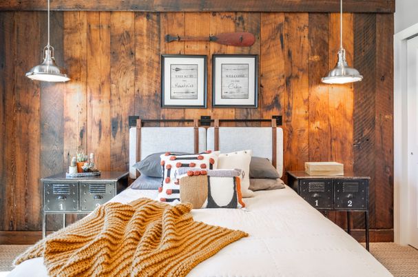 Bedroom, Interior, Pendant Lights, Wooden Walls