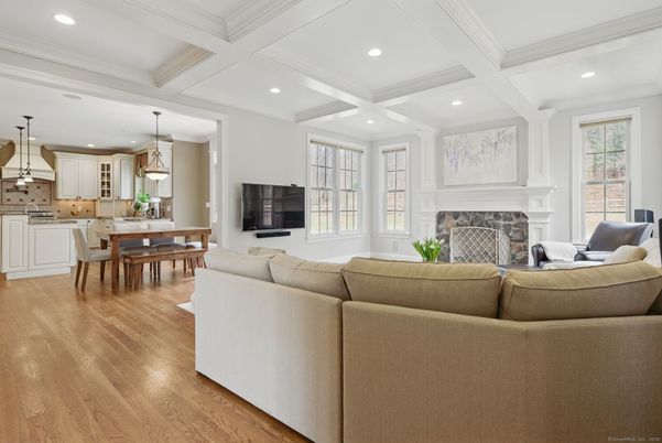 Dining room, Fireplace, Interior, Kitchen, Living room, Pendant Lights, Recessed Lighting, Wood Texture Flooring
