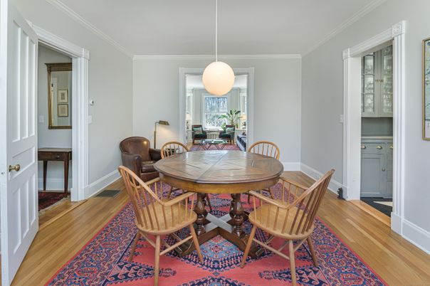 Dining room, Interior, Pendant Lights, Wood Texture Flooring