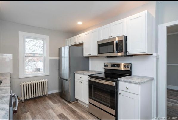 Interior, Kitchen, Recessed Lighting, Stainless Steel Appliances, Wood Texture Flooring
