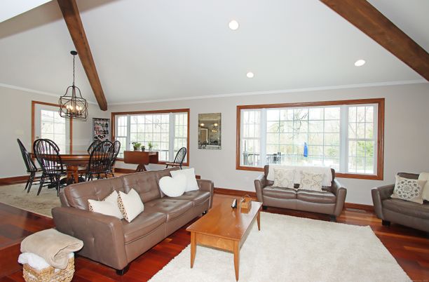 Dining room, Interior, Living room, Pendant Lights, Recessed Lighting, Wooden Beams, Wood Texture Flooring