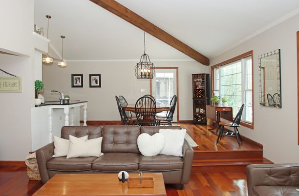 Dining room, Interior, Pendant Lights, Wooden Beams, Wood Texture Flooring