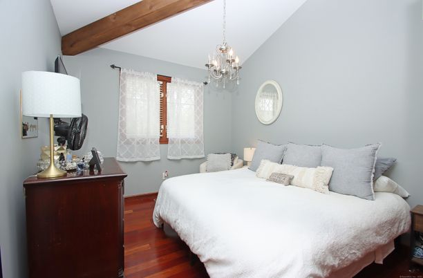 Bedroom, Chandelier, Interior, Pendant Lights, Wooden Beams, Wood Texture Flooring