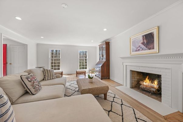 Fireplace, Interior, Living room, Recessed Lighting, Wood Texture Flooring