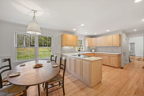 Dining room, Interior, Kitchen, Recessed Lighting, Wood Texture Flooring
