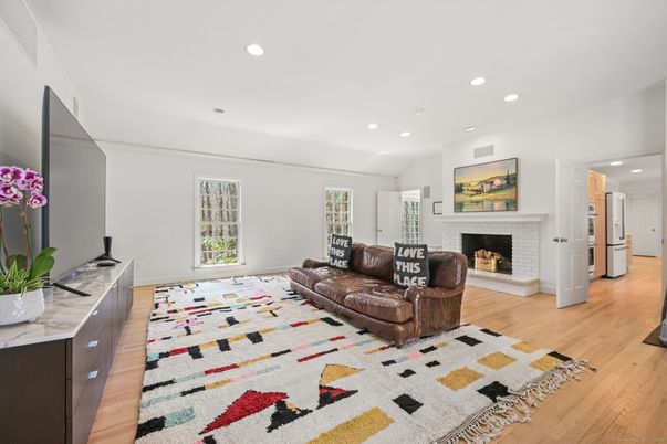 Fireplace, Interior, Kitchen, Living room, Recessed Lighting, Wood Texture Flooring