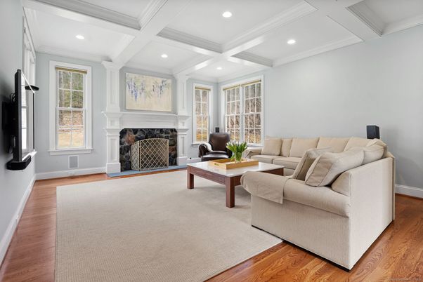 Fireplace, Interior, Living room, Recessed Lighting, Wood Texture Flooring