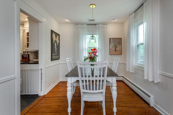 Dining room, Interior, Pendant Lights, Recessed Lighting, Wood Texture Flooring