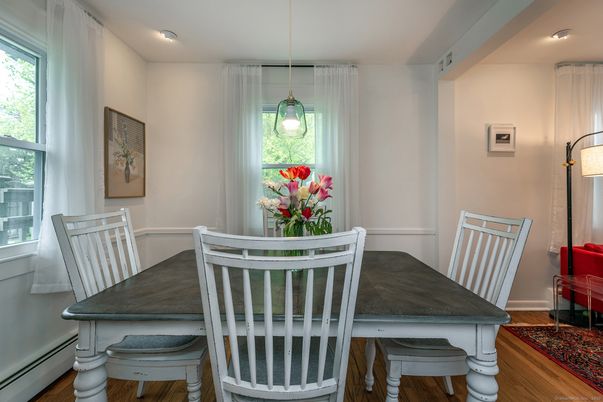 Dining room, Interior, Pendant Lights, Recessed Lighting, Wood Texture Flooring