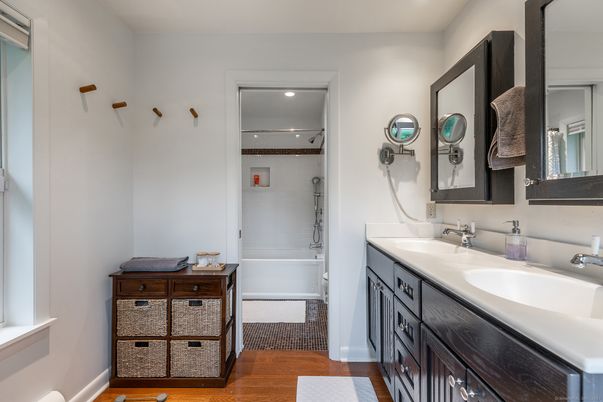 Bathroom, Dual Sink Vanities, Interior, Recessed Lighting, Wood Texture Flooring