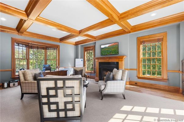 Fireplace, Home Office, Interior, Living room, Recessed Lighting, Wooden Beams, Wood Texture Flooring