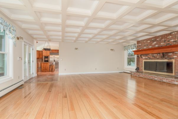 Empty room, Fireplace, Interior, Kitchen, Stone Walls, Wood Texture Flooring