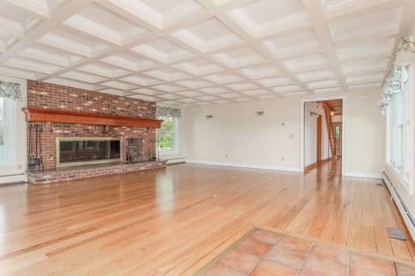 Empty room, Fireplace, Interior, Stone Walls, Wood Texture Flooring