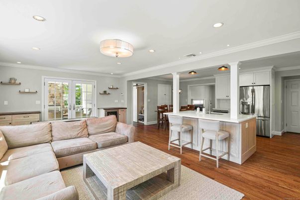 Interior, Kitchen, Living room, Recessed Lighting, Stainless Steel Appliances, Wood Texture Flooring