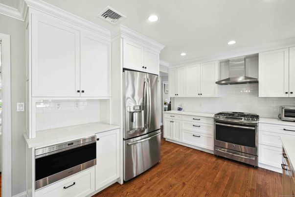 Interior, Kitchen, Recessed Lighting, Stainless Steel Appliances, Wood Texture Flooring
