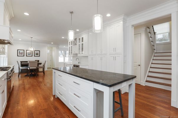 Dining room, Interior, Kitchen, Pendant Lights, Recessed Lighting, Wood Texture Flooring
