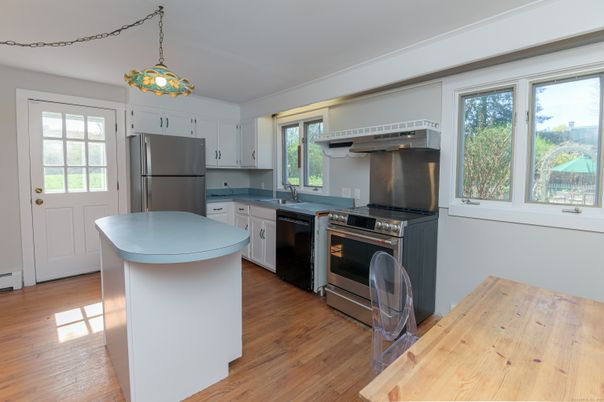 Interior, Kitchen, Pendant Lights, Stainless Steel Appliances, Wood Texture Flooring