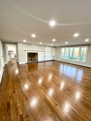 Empty room, Fireplace, Interior, Recessed Lighting, Wood Texture Flooring