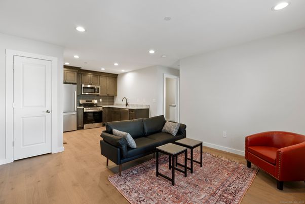 Interior, Kitchen, Living room, Recessed Lighting, Stainless Steel Appliances, Wood Texture Flooring