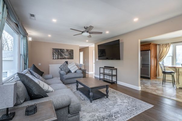 Interior, Kitchen, Living room, Recessed Lighting, Stainless Steel Appliances, Wood Texture Flooring