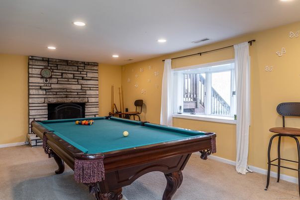 Billiard Table, Fireplace, Game Room, Interior, Recessed Lighting, Stone Walls
