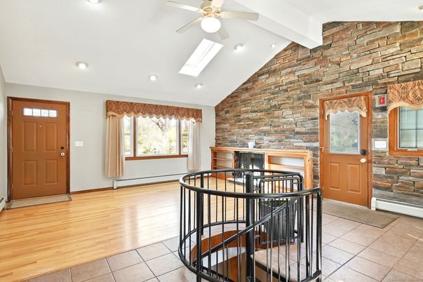 Interior, Recessed Lighting, Stone Walls, Wood Texture Flooring