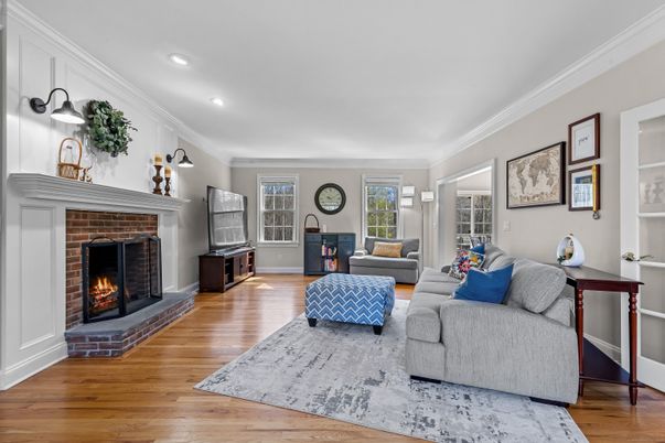 Fireplace, Interior, Living room, Recessed Lighting, Wood Texture Flooring