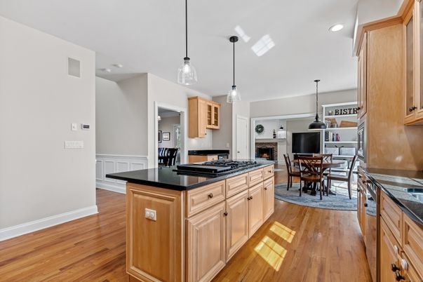 Dining room, Fireplace, Interior, Kitchen, Pendant Lights, Recessed Lighting, Wood Texture Flooring