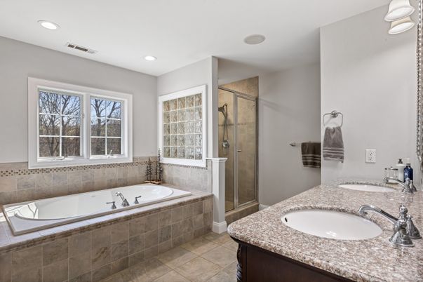 Bathroom, Dual Sink Vanities, Glass Shower, Interior, Recessed Lighting