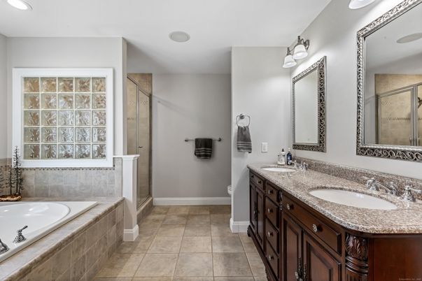 Bathroom, Dual Sink Vanities, Glass Shower, Interior, Recessed Lighting