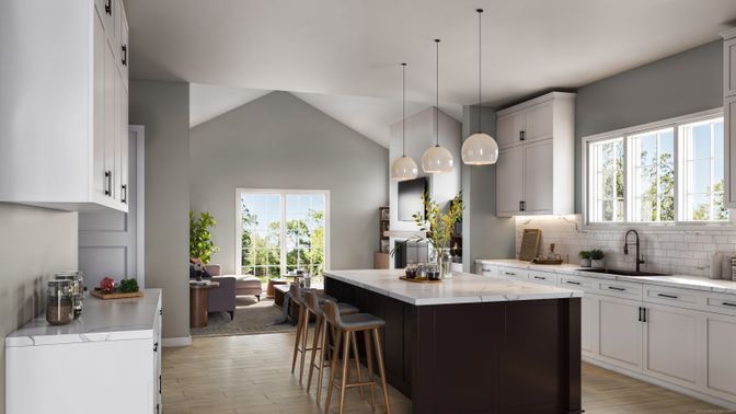 Interior, Kitchen, Pendant Lights, Wood Texture Flooring