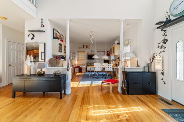 Dining room, Interior, Living room, Pendant Lights, Wood Texture Flooring