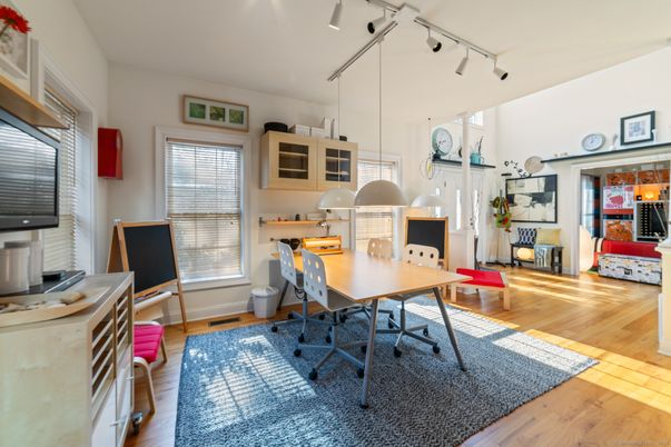 Home Office, Interior, Pendant Lights, Wood Texture Flooring