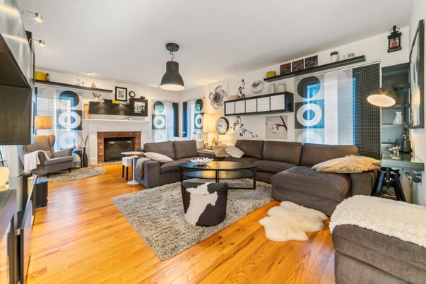 Fireplace, Interior, Living room, Pendant Lights, Wood Texture Flooring