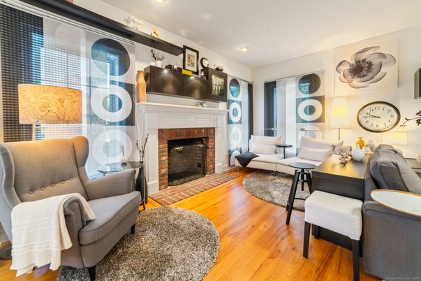 Fireplace, Interior, Living room, Recessed Lighting, Wood Texture Flooring
