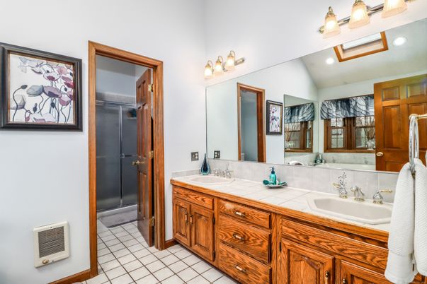 Bathroom, Dual Sink Vanities, Interior, Recessed Lighting, Tile Countertops