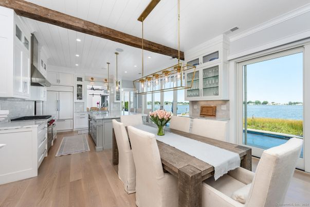 Dining room, Interior, Kitchen, Pendant Lights, Recessed Lighting, Water, Wooden Beams, Wood Texture Flooring