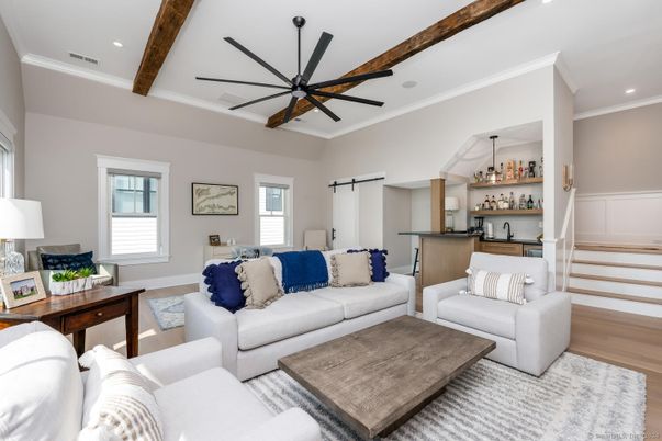 Interior, Living room, Pendant Lights, Recessed Lighting, Wooden Beams, Wood Texture Flooring