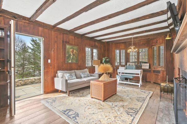 Chandelier, Fireplace, Interior, Living room, Wooden Beams, Wood Texture Flooring, Wooden Walls