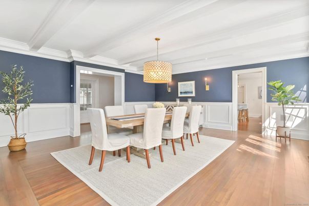 Dining room, Interior, Pendant Lights, Wood Texture Flooring