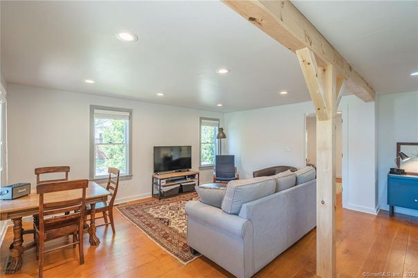 Dining room, Interior, Living room, Recessed Lighting, Wood Texture Flooring