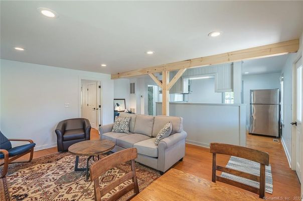 Interior, Kitchen, Living room, Recessed Lighting, Stainless Steel Appliances, Wooden Beams, Wood Texture Flooring
