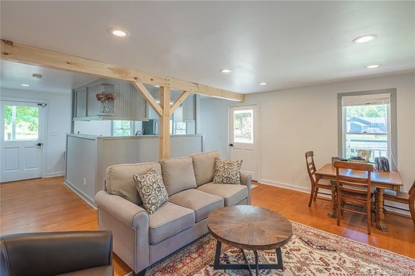 Dining room, Interior, Living room, Recessed Lighting, Wooden Beams, Wood Texture Flooring