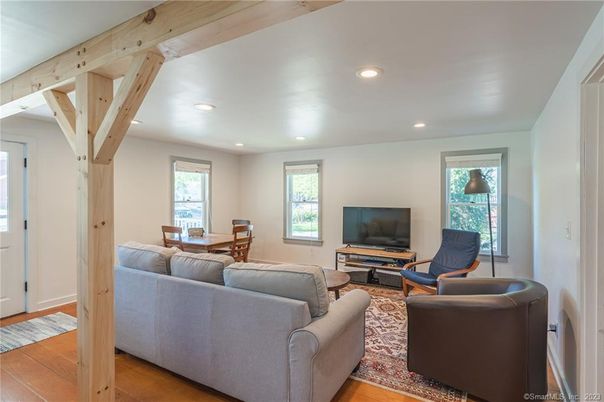 Dining room, Interior, Living room, Recessed Lighting, Wooden Beams, Wood Texture Flooring