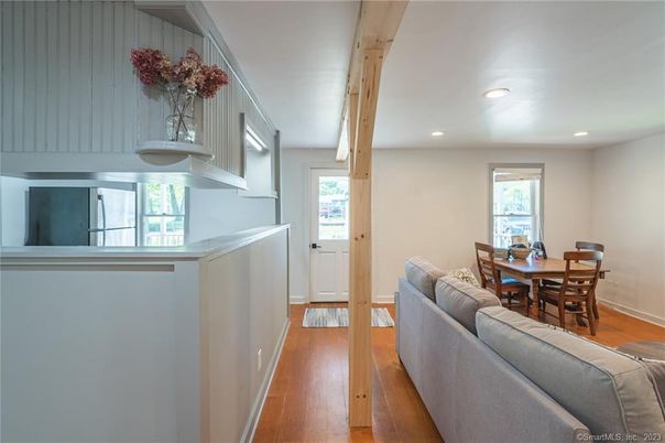 Dining room, Interior, Recessed Lighting, Wooden Beams, Wood Texture Flooring