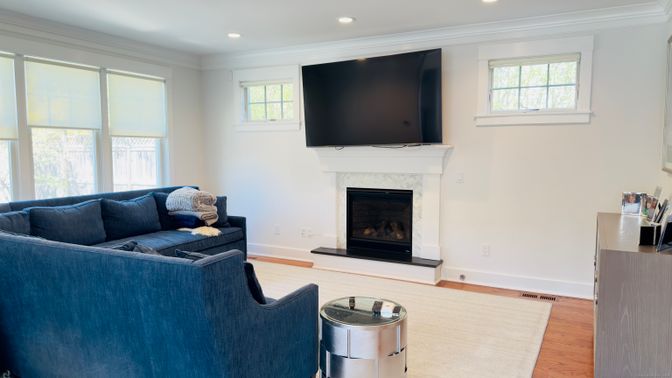 Fireplace, Interior, Living room, Recessed Lighting, Wood Texture Flooring