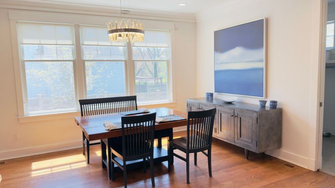 Chandelier, Dining room, Interior, Recessed Lighting, Wood Texture Flooring