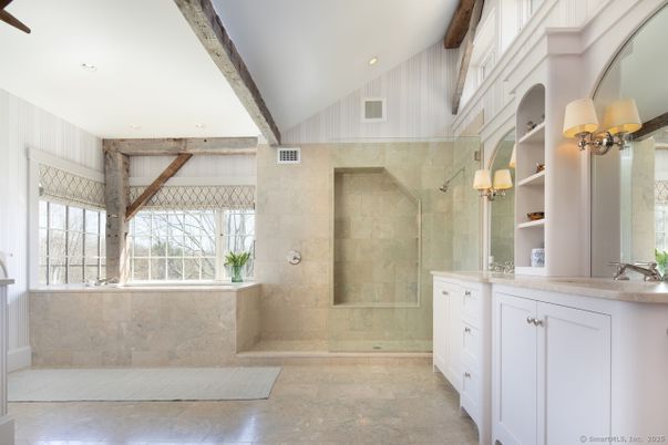 Bathroom, Glass Shower, Interior, Recessed Lighting, Wooden Beams